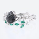 Pear Shaped Black Rutilated Quartz Nature-Inspired Bridal Ring Set with Emerald Accents in White Gold