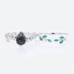 Pear Shaped Black Rutilated Quartz Nature-Inspired Bridal Ring Set with Emerald Accents in White Gold