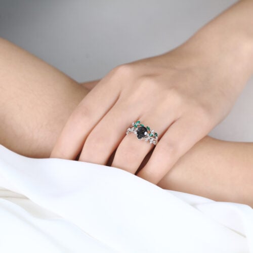 Pear Shaped Black Rutilated Quartz Nature-Inspired Bridal Ring Set with Emerald Accents in White Gold