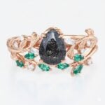Pear Shaped Black Rutilated Quartz Nature-Inspired Bridal Ring Set with Emerald Accents in Rose Gold