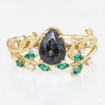 Pear Shaped Black Rutilated Quartz Nature-Inspired Bridal Ring Set with Emerald Accents in Yellow Gold