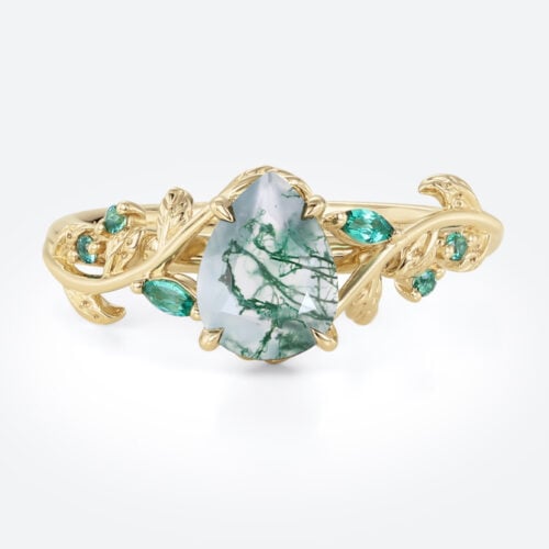 Nature-Inspired Pear Cut Moss Agate Ring​ with Emerald Accents in Yellow Gold