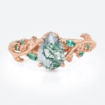 Nature-Inspired Pear Cut Moss Agate Ring​ with Emerald Accents in Rose Gold