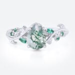Nature-Inspired Pear Cut Moss Agate Ring​ with Emerald Accents in White Gold