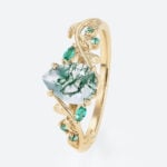 Nature-Inspired Pear Cut Moss Agate Ring​ with Emerald Accents in Yellow Gold