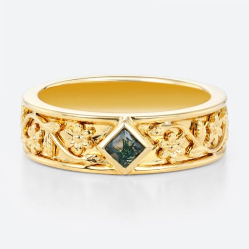 Princess Cut Moss Agate​ Wide Wedding Band with Floral Relief Engraving in Yellow Gold