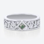 Princess Cut Moss Agate​ Wide Wedding Band with Floral Relief Engraving in White Gold