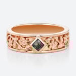Princess Cut Moss Agate​ Wide Wedding Band with Floral Relief Engraving in Rose Gold