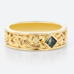 Princess Cut Moss Agate​ Wide Wedding Band with Floral Relief Engraving in Yellow Gold