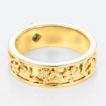 Princess Cut Moss Agate​ Wide Wedding Band with Floral Relief Engraving in Yellow Gold