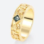 Princess Cut Moss Agate​ Wide Wedding Band with Floral Relief Engraving in Yellow Gold