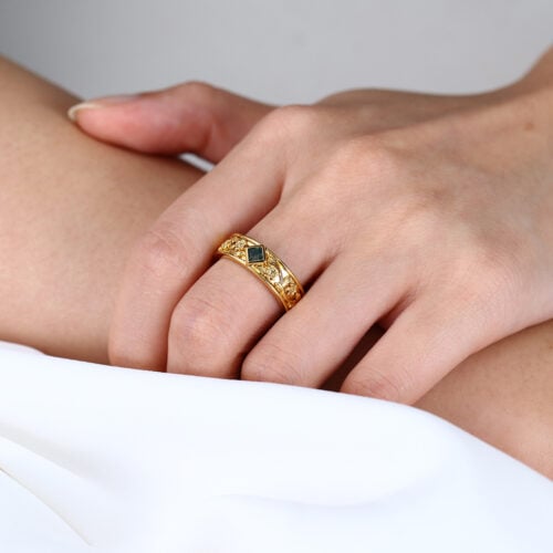 Princess Cut Moss Agate​ Wide Wedding Band with Floral Relief Engraving in Yellow Gold