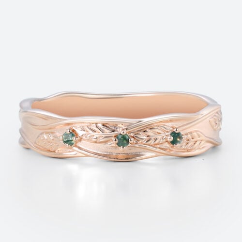 Round Moss Agate Wide Band Rings​ Leaf Vine Wavy Wedding Band in Rose Gold