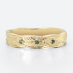 Round Moss Agate Wide Band Rings​ Leaf Vine Wavy Wedding Band in YELLOW Gold