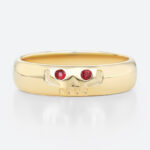 Round Cut Ruby Ring Wide Band Ring with Engraved Skull Design in Yellow Gold