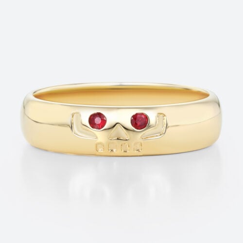 Round Cut Ruby Ring Wide Band Ring with Engraved Skull Design in Yellow Gold