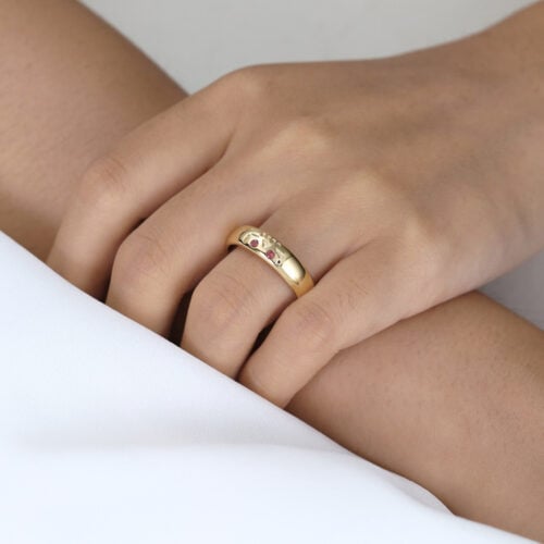 Round Cut Ruby Ring Wide Band Ring with Engraved Skull Design in Yellow Gold