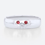 Round Cut Ruby Ring Wide Band Ring with Engraved Skull Design in White Gold