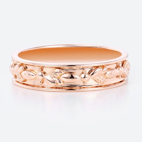 Solid Metal Wide Wedding Bands Leaf & Bead Relief Textured Wedding Band with Continuous Pattern in Rose Gold