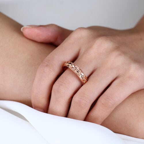 Solid Metal Wide Wedding Bands Leaf & Bead Relief Textured Wedding Band with Continuous Pattern in Rose Gold