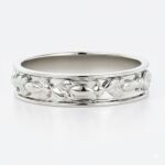 Solid Metal Wide Wedding Bands Leaf & Bead Relief Textured Wedding Band with Continuous Pattern in White Gold