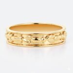 Solid Metal Wide Wedding Bands Leaf & Bead Relief Textured Wedding Band with Continuous Pattern in Yellow Gold
