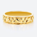 Solid Gold Band Solid Metal Leaf & Bead Textured Wide Wedding Band in Yellow Gold
