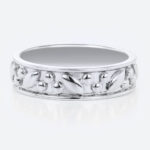 Solid Gold Band Solid Metal Leaf & Bead Textured Wide Wedding Band in White Gold
