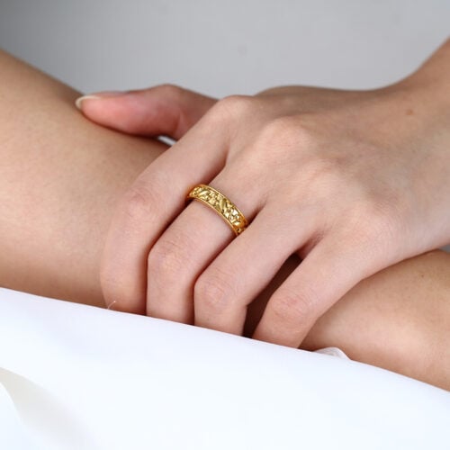 Solid Gold Band Solid Metal Leaf & Bead Textured Wide Wedding Band in Yellow Gold