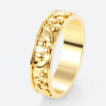 Solid Gold Band Solid Metal Leaf & Bead Textured Wide Wedding Band in Yellow Gold