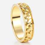 Solid Gold Band Solid Metal Leaf & Bead Textured Wide Wedding Band in Yellow Gold