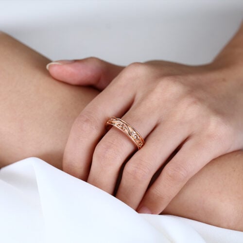 Solid Wide Bands Vine & Scroll Textured with Raised Relief Detailing in Rose Gold