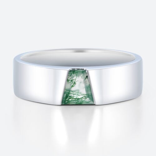 Tapered Baguette Cut Moss Agate Wide Wedding Bands​ Modern Wedding Band in White Gold