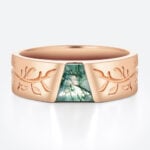 Tapered Baguette Cut Moss Agate Wide Band with Botanical Engraving in Rose Gold