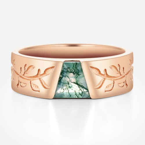 Tapered Baguette Cut Moss Agate Wide Band with Botanical Engraving in Rose Gold