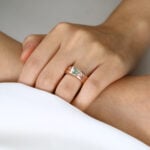 Tapered Baguette Cut Moss Agate Wide Band with Botanical Engraving in Rose Gold