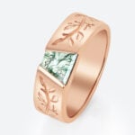 Tapered Baguette Cut Moss Agate Wide Band with Botanical Engraving in Rose Gold