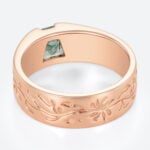 Tapered Baguette Cut Moss Agate Wide Band with Botanical Engraving in Rose Gold