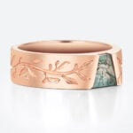 Tapered Baguette Cut Moss Agate Wide Band with Botanical Engraving in Rose Gold