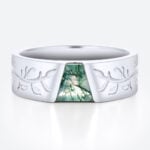 Tapered Baguette Cut Moss Agate Wide Band with Botanical Engraving in White Gold