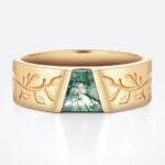 Tapered Baguette Cut Moss Agate Wide Band with Botanical Engraving in Yellow Gold