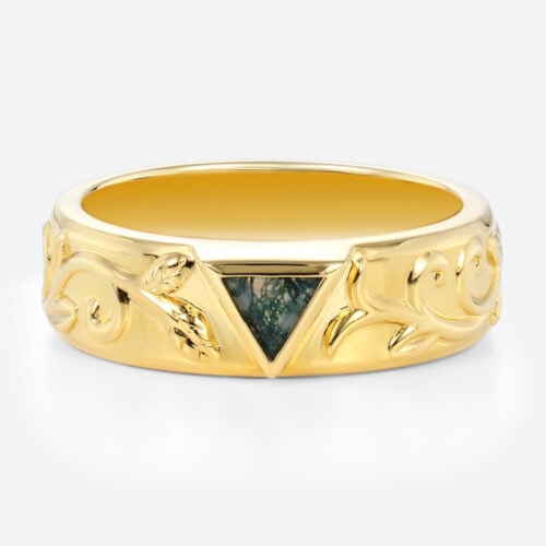 Triangle Cut Moss Agate Wide Band with Vine-Pattern Engraving in Yellow Gold
