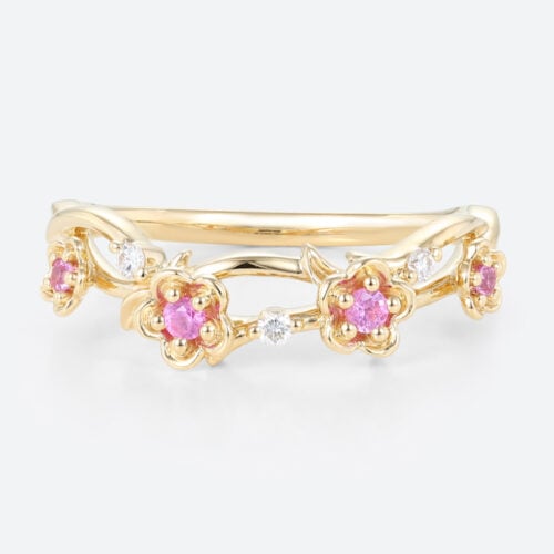 0.14ctw Round Cut Pink Sapphire Rings Flower Stackable Wedding Band in Yellow Gold
