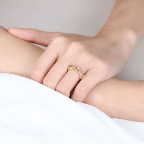 0.14ctw Round Cut Pink Sapphire Rings Flower Stackable Wedding Band in Yellow Gold