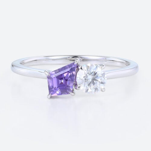 Toi Et Moi Ring Round Lab Diamond with Kite Purple Sapphire Ring in White Gold
