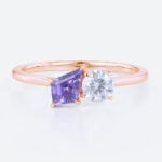 Toi Et Moi Ring Round Lab Diamond with Kite Purple Sapphire Ring in Rose Gold