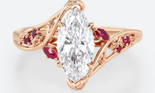 1.5ct Marquise Cut Lab Diamond Ring​ Nature-Inspired Ruby Accent 6-Prong Engagement Ring in Rose Gold