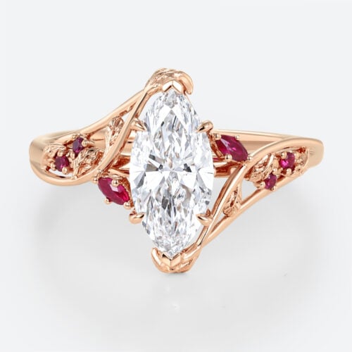 1.5ct Marquise Cut Lab Diamond Ring Nature-Inspired Ruby Accent 6-Prong Engagement Ring in Rose Gold