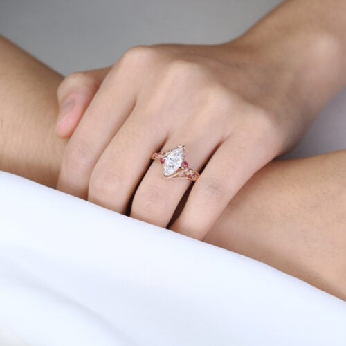 1.5ct Marquise Cut Lab Diamond Ring Nature-Inspired Ruby Accent 6-Prong Engagement Ring in Rose Gold
