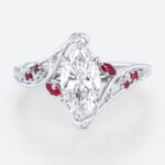1.5ct Marquise Cut Lab Diamond Ring​ Nature-Inspired Ruby Accent 6-Prong Engagement Ring in White Gold